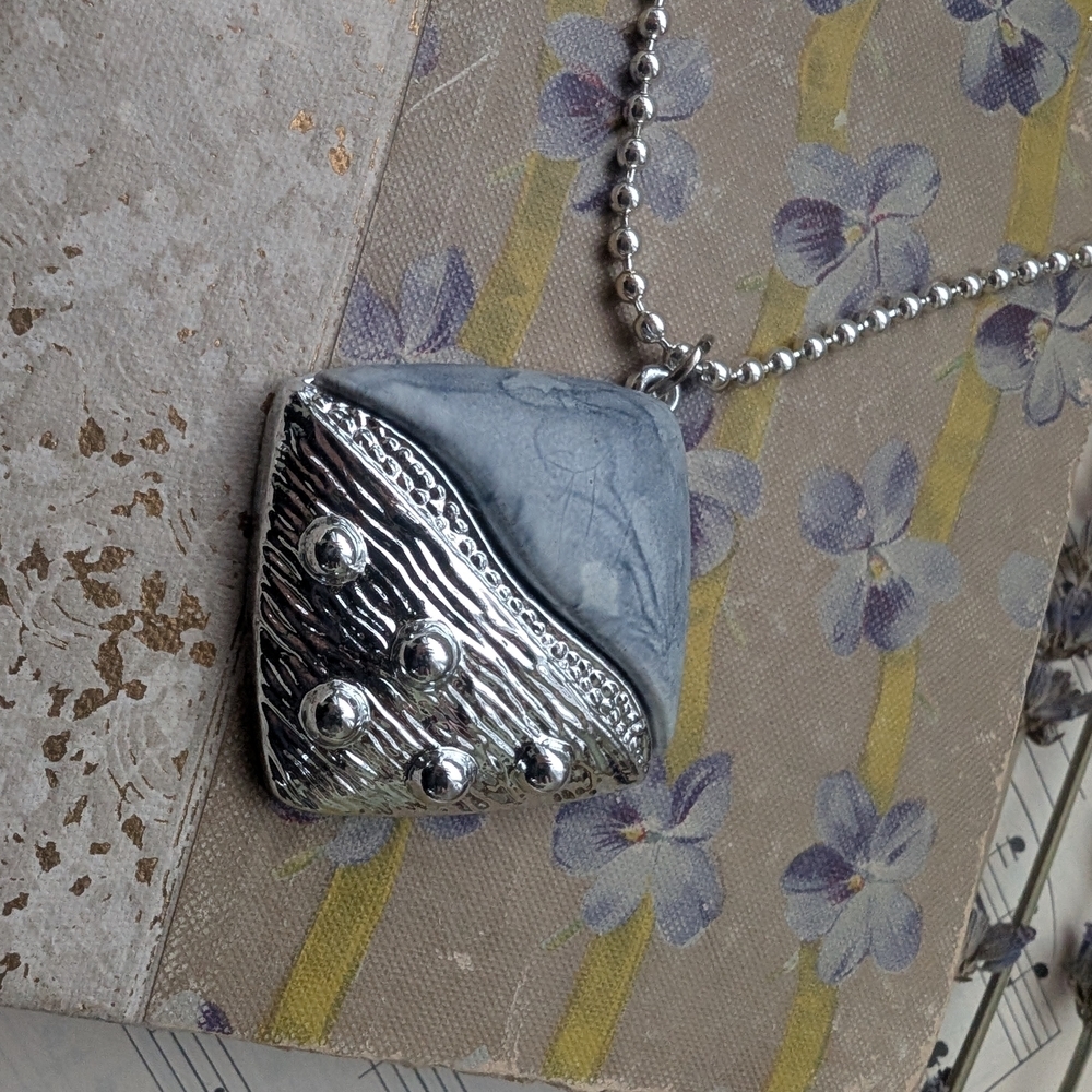 Textured Silver-Tone & Gray Square Pendant Necklace